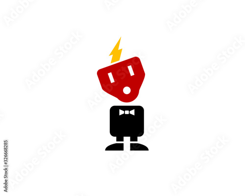 electroboy logo character with plug socket caracter mascot with tuxedo tie and lightning hair