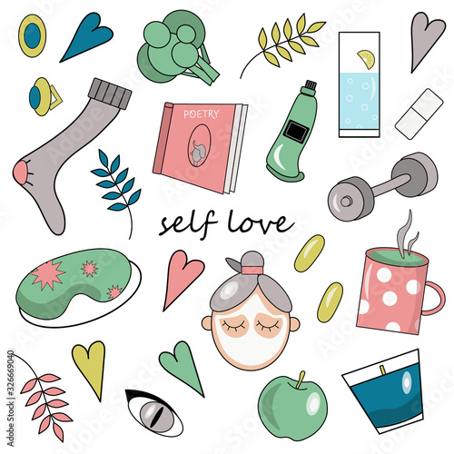 Set of cute vector stickers about love of self