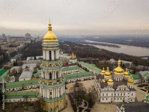 Aerial drone view. Kiev-Pechersk Lavra on a cloudy spring day.