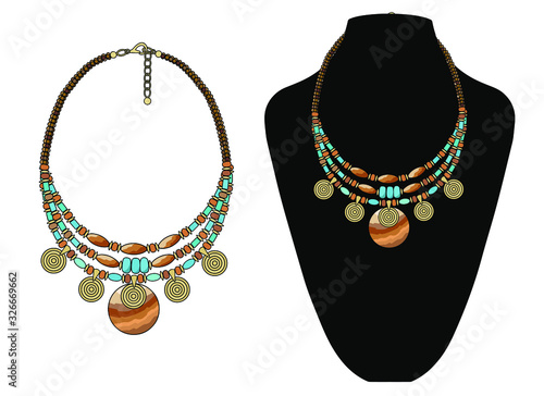 Short necklace made of natural stones with pendants. Vector