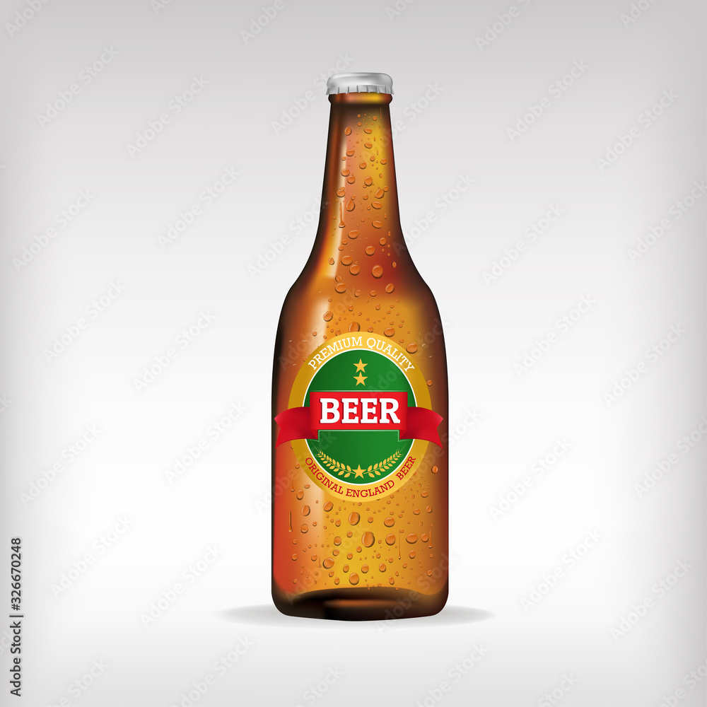 Beer bottle glass isolated on white background. Vector packaging mockup with realistic bottle Beer bottle glass isolated on white background. Vector packaging mockup with realistic bottle