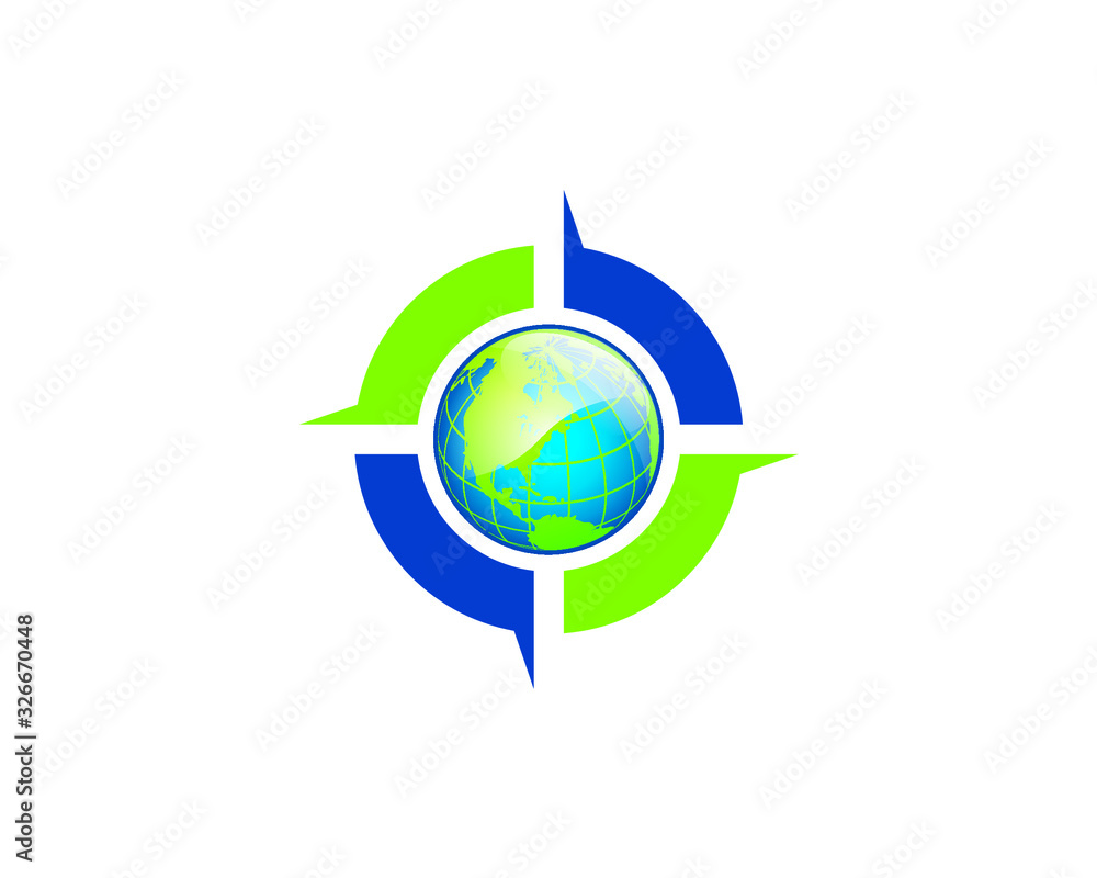 glossy earth globe inside 4 compass wind direction show circular process glossy earth globe inside 4 compass wind direction show circular process