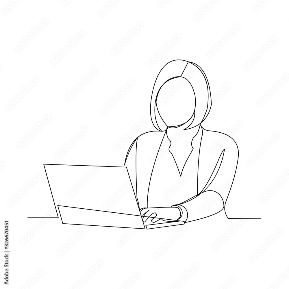 Continuous line drawing of business woman sitting with laptop at office. Vector illustration. Continuous line drawing of business woman sitting with laptop at office. Vector illustration.