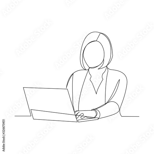 Continuous line drawing of business woman sitting with laptop at office. Vector illustration.