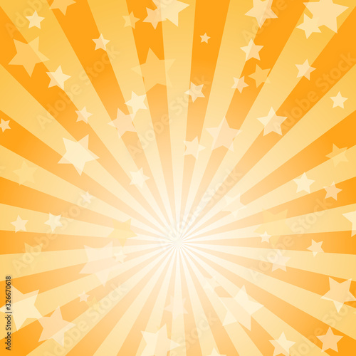 Sunlight rays background. Orange color burst background with shining stars. Vector illustration.