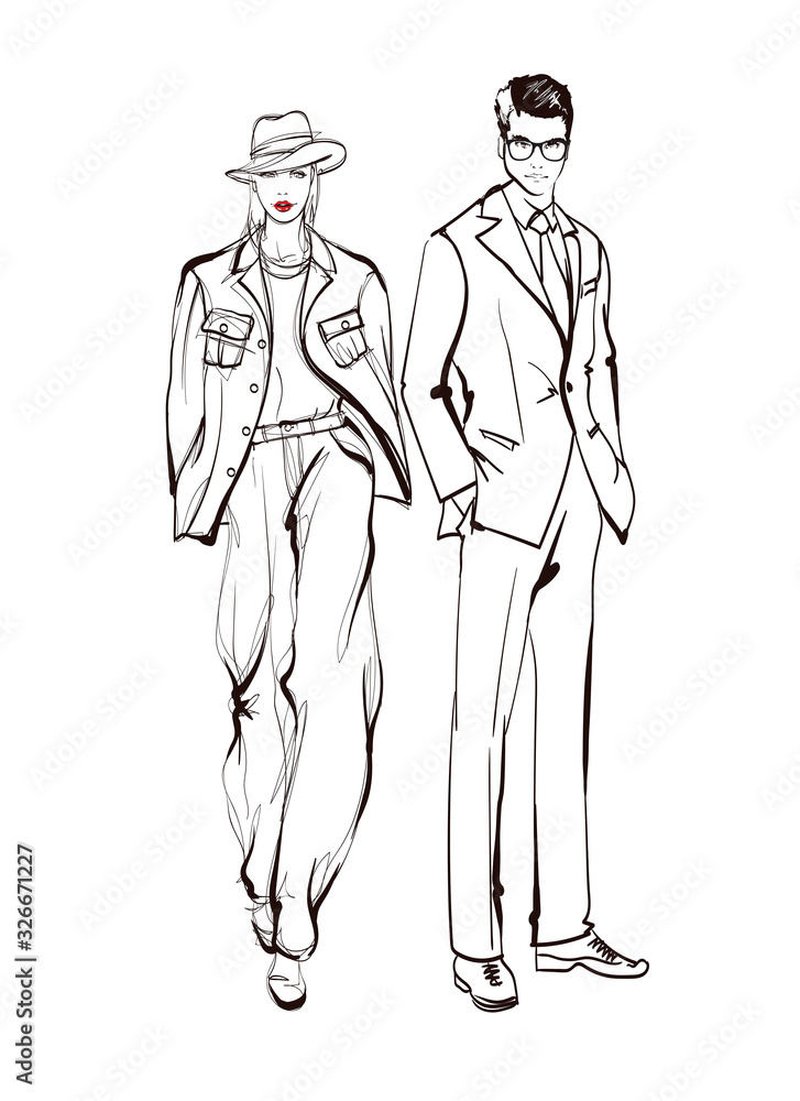 Stylish man and woman sketch Fashion Collection Of Clothes Set Of Models Wearing Trendy Clothing Sketch Vector woman and man Illustration Stylish man and woman sketch Fashion Collection Of Clothes Set Of Models Wearing Trendy Clothing Sketch Vector woman and man Illustration