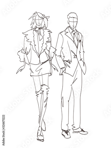 Stylish man and woman sketch Fashion Collection Of Clothes Set Of Models Wearing Trendy Clothing Sketch Vector woman and man Illustration