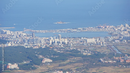 Aerial panorama of the Sokcho city in Gangwon-do province, South Korea. It is a major tourist hub, and a popular gateway to nearby Seoraksan national park. 