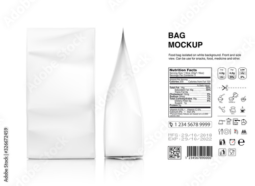 Realistic food bags isolated on white background. Front, side and isometric view. Vector illustration. Can be use for template your design, presentation, promo, ad. EPS 10.	