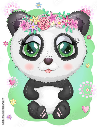 Cute romantic panda with wreath of flowers. photo