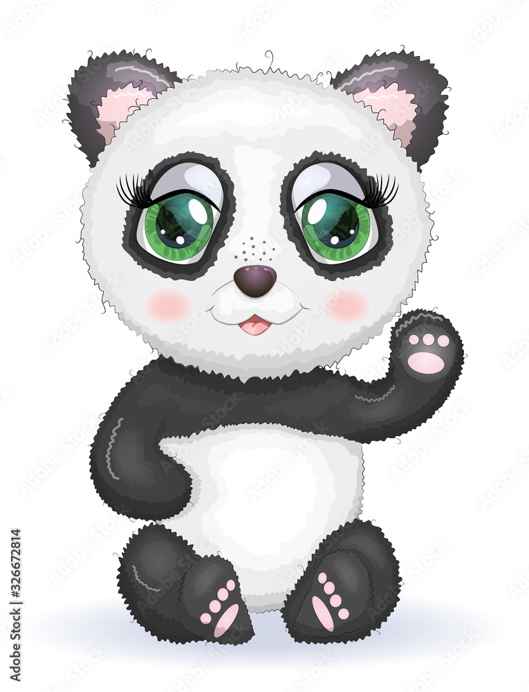 Cute romantic panda with wreath of flowers.