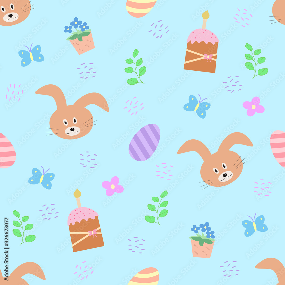 Seamless pattern of Easter elements. Easter cartoon characters and decor elements. Bunny chick Easter eggs flowers. Seamless pattern of Easter elements. Easter cartoon characters and decor elements. Bunny chick Easter eggs flowers.