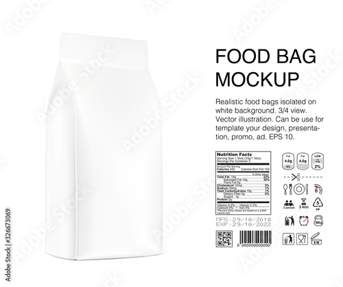 Realistic food bags isolated on white background. Isometric view. Vector illustration. Can be use for template your design, presentation, promo, ad. EPS 10.	