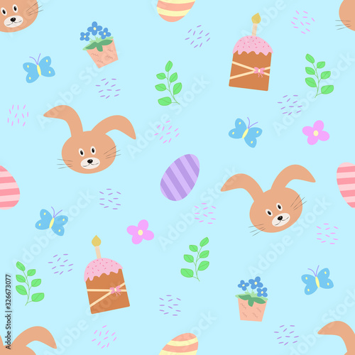 Seamless pattern of Easter elements. Easter cartoon characters and decor elements. Bunny chick Easter eggs flowers.