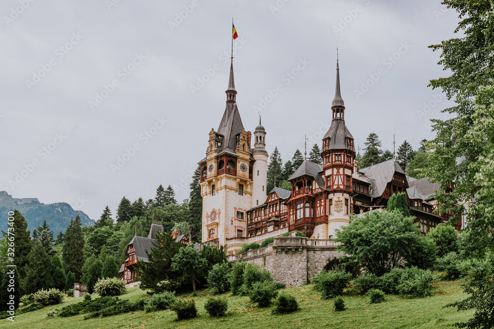 PELES IS A NEO-RENAISSANCE CASTLE IN THE CARPATHIAN MOUNTAINS, NEAR SINAIA, IN PRAHOVA COUNTY, ROMANIA, ON AN EXISTING MEDIEVAL ROUTE LINKING TRANSYLVANIA AND WALLACHIA, BUILT BETWEEN 1873 AND 1914