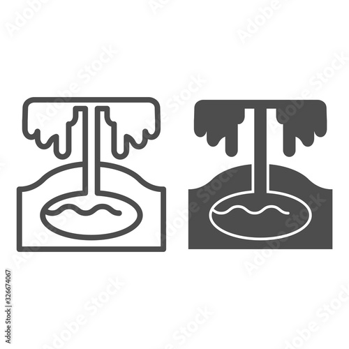 Natural reservoir line and solid icon. Drilling platform and geyser or vulcan, oil and gas underground resource. Fuel industry vector design concept, outline style pictogram on white background.