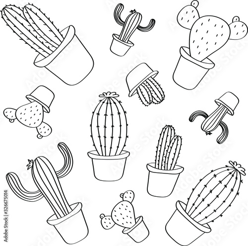 Cactuses is drawn in black doodle style. Coloring book children`s flora, beautiful vector drawing.