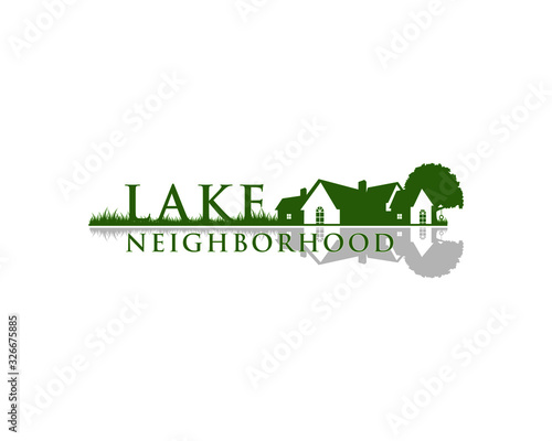 Lake Neighborhood wordmark logo with silhouette of old building house near a lake