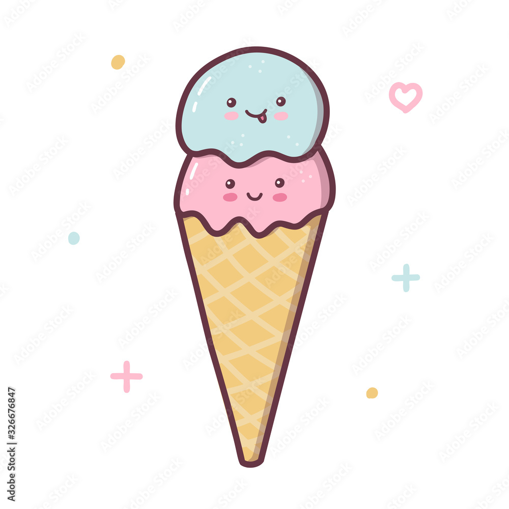 Cute ice cream cone with two balls. Kawaii cartoon character isolated on a white background. Vector illustration. Cute ice cream cone with two balls. Kawaii cartoon character isolated on a white background. Vector illustration.