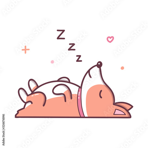 Cute dog sleeping on his back. Kawaii cartoon character isolated on a white background. Vector illustration.