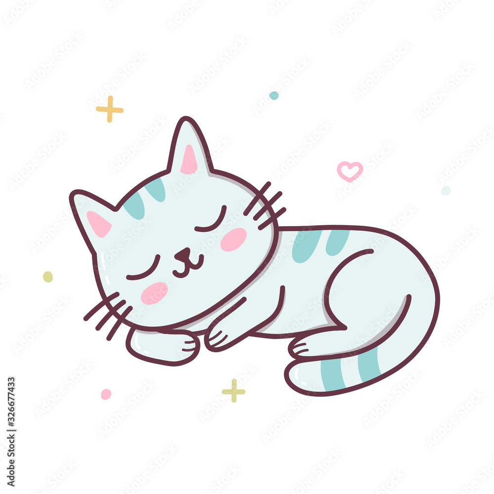 Cute sleeping cat. Kawaii cartoon character isolated on a white background. Vector illustration. Cute sleeping cat. Kawaii cartoon character isolated on a white background. Vector illustration.