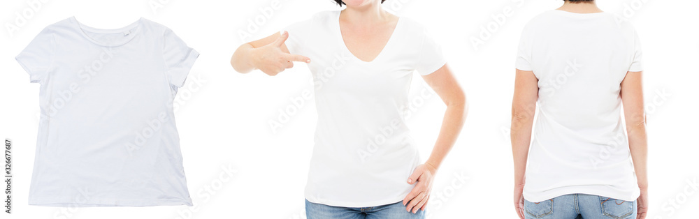 White t-shirt mock up blank close up, female t shirt set isolated over white White t-shirt mock up blank close up, female t shirt set isolated over white