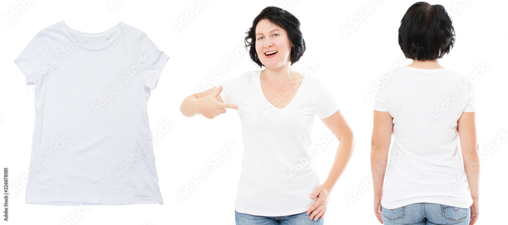 Woman white t-shirt set, white t shirt closeup isolated copy space, T-shirt design and people concept - close up Woman white t-shirt set, white t shirt closeup isolated copy space, T-shirt design and people concept - close up