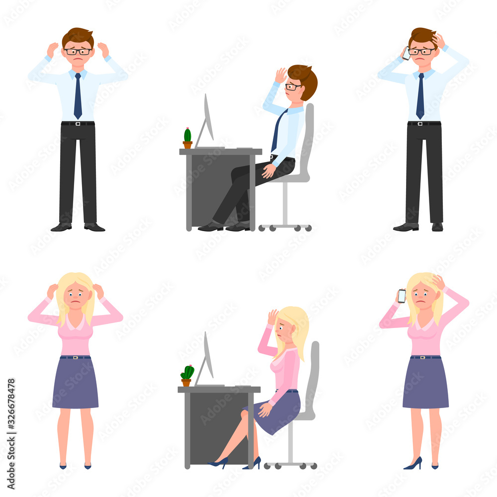 Sad, exhausted, miserable office boy and girl vector illustration. Standing unhappily, upset, talking on phone, depressed man and woman cartoon character set on white Sad, exhausted, miserable office boy and girl vector illustration. Standing unhappily, upset, talking on phone, depressed man and woman cartoon character set on white