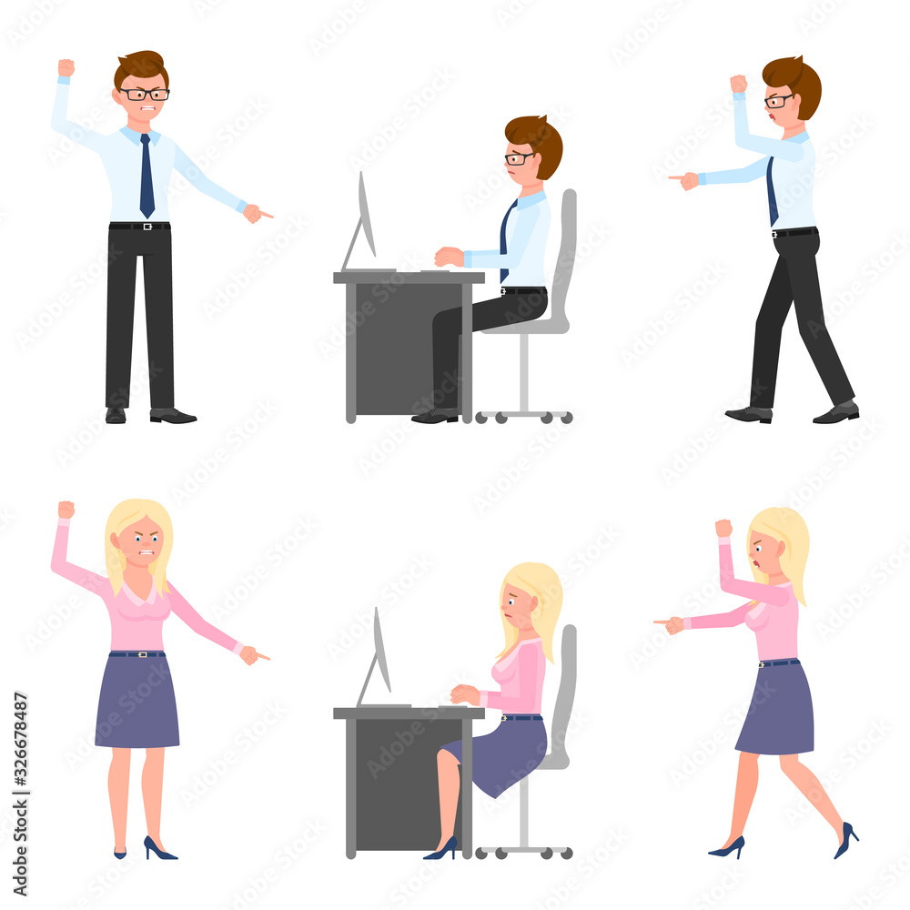 Angry, stressed, desperate, upset, sad office boy and girl vector illustration. Shouting, pointing finger, scolding, reproach, blaming male and female cartoon character set on white Angry, stressed, desperate, upset, sad office boy and girl vector illustration. Shouting, pointing finger, scolding, reproach, blaming male and female cartoon character set on white