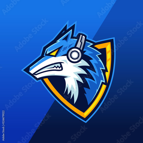 Fototapeta Beast Wolf wearing headphone mascot logo design