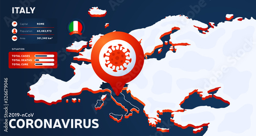 Isometric map of Europe with highlighted country Italy vector illustration. coronavirus statistics. 2019-nCoV Dangerous chinese ncov corona virus. infographic and country info