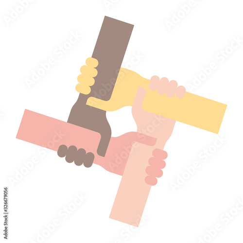 Vector of four holding each other hands. Friendship symbol. Isolated on white background.