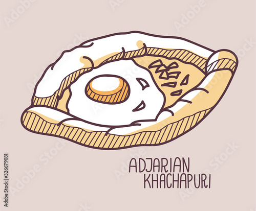 Hand drawn vector illustration of Adjarian khachapuri. Doodle colored on pale background with hand written title of the dish.