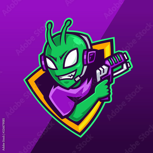 Alien with laser gun e-sport mascot logo design
