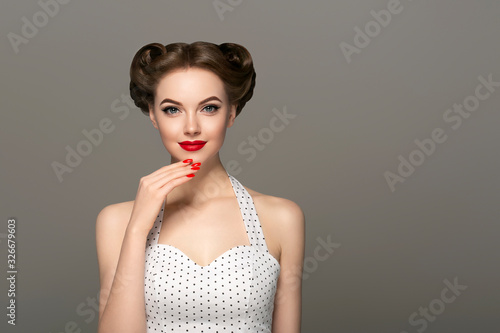 retro woman beautiful hair red lips manicure nails fashion female