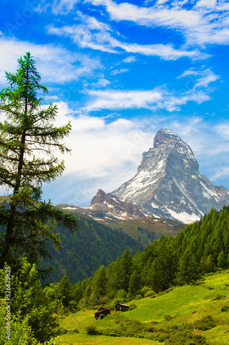 The peak of Matterhorn in Switzerland from the village of Zermatt in the fresh spring.