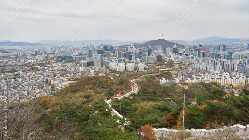 Panoramic view to the Seoul from the top of Inwangsan mountain. It is a capital city in South Korea, Asia.