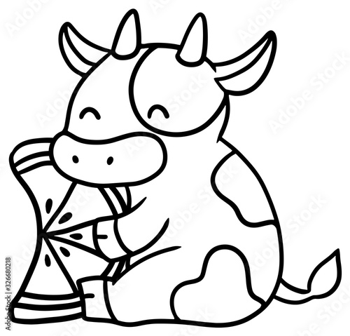 オレンジを持った笑顔の牛のイラスト