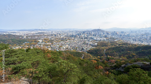 Aerial panorama of the Seoul in South Korea from the top of Inwangsan mountain.