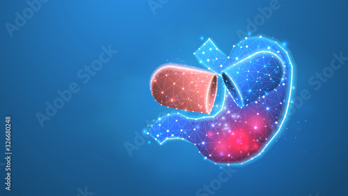 Human Stomach treatment. Capsule with medicaments, gastritis vaccine in a pill concept. Low poly, wireframe 3d vector illustration. Abstract, polygonal image on blue neon background