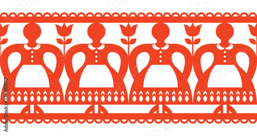 Polish Folk art vector cutout pattern with women, Kurpie Papercuts seamless design - Wycinanka Kurpiowska    