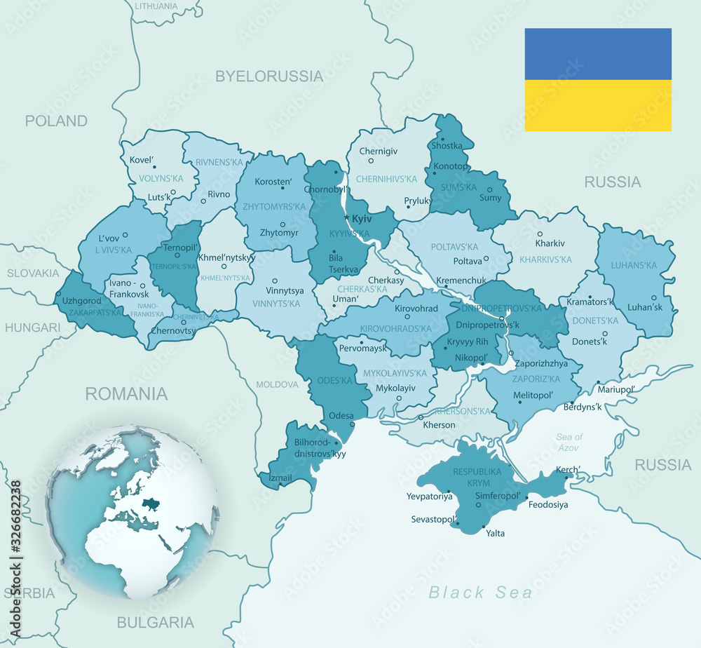Blue-green detailed map of Ukraine and administrative divisions with country flag and location on the globe. Vector illustration