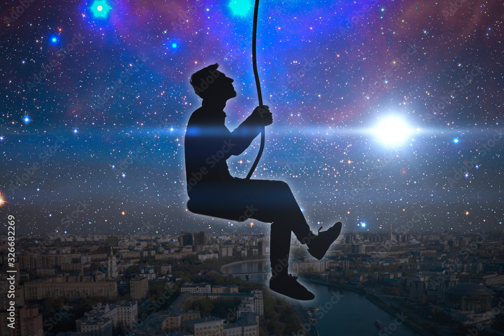 playing on a swing in the galaxy, fly high with stars of universe in background, dreams art concept, elements of this image furnished by nasa
