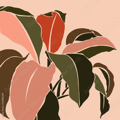 Tropical leaves in a minimalist trendy style. Silhouette of a plant in a contemporary simple abstract style. Vector illustration collage. For t-Shirt Print, card, poster, social media post
