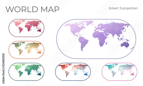 Low Poly World Map Set. Eckert III projection. Collection of the world maps in geometric style. Vector illustration.