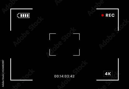 Camera recorder frame. Camcorder screen view with digital focus, video camera viewfinder isolated on black background. Photo frame screen, vector illustration