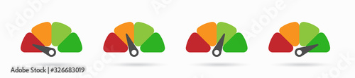 Radial scale from red to green with arrow hand pointer. Satisfaction, temperature, risk, rating, performance and feedback indicator or speed tachometer. Vector illustration.