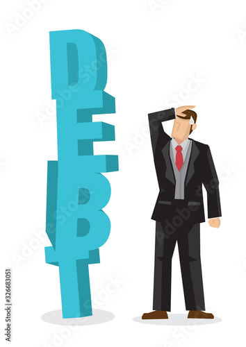 Worried businessman looking at a huge weight of debt. Business concept of debtor, financial problem or bad economy.