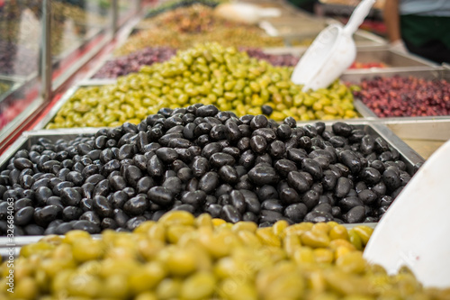 Delicious organic olives at market
