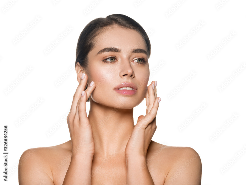 Woman face hand touching massage natural healthy skin Woman face hand touching massage natural healthy skin